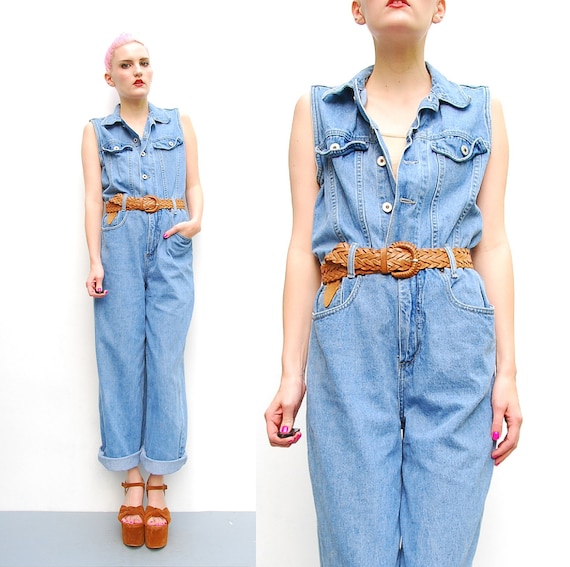 90s Jumpsuit Sleeveless Chambray Pant Jumper by SHOPPOMPOMVINTAGE