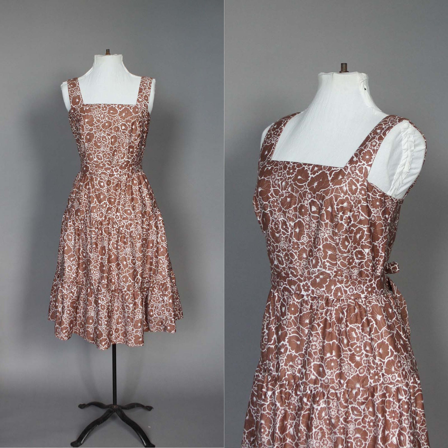 Vintage SunDress 50s Style 70s Cotton Floral Day Dress Brown and White Prairie Country Western S Small