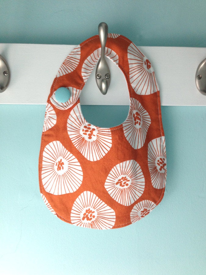 Baby Bib - Unisex - Orange with Aqua Button - velcro closure