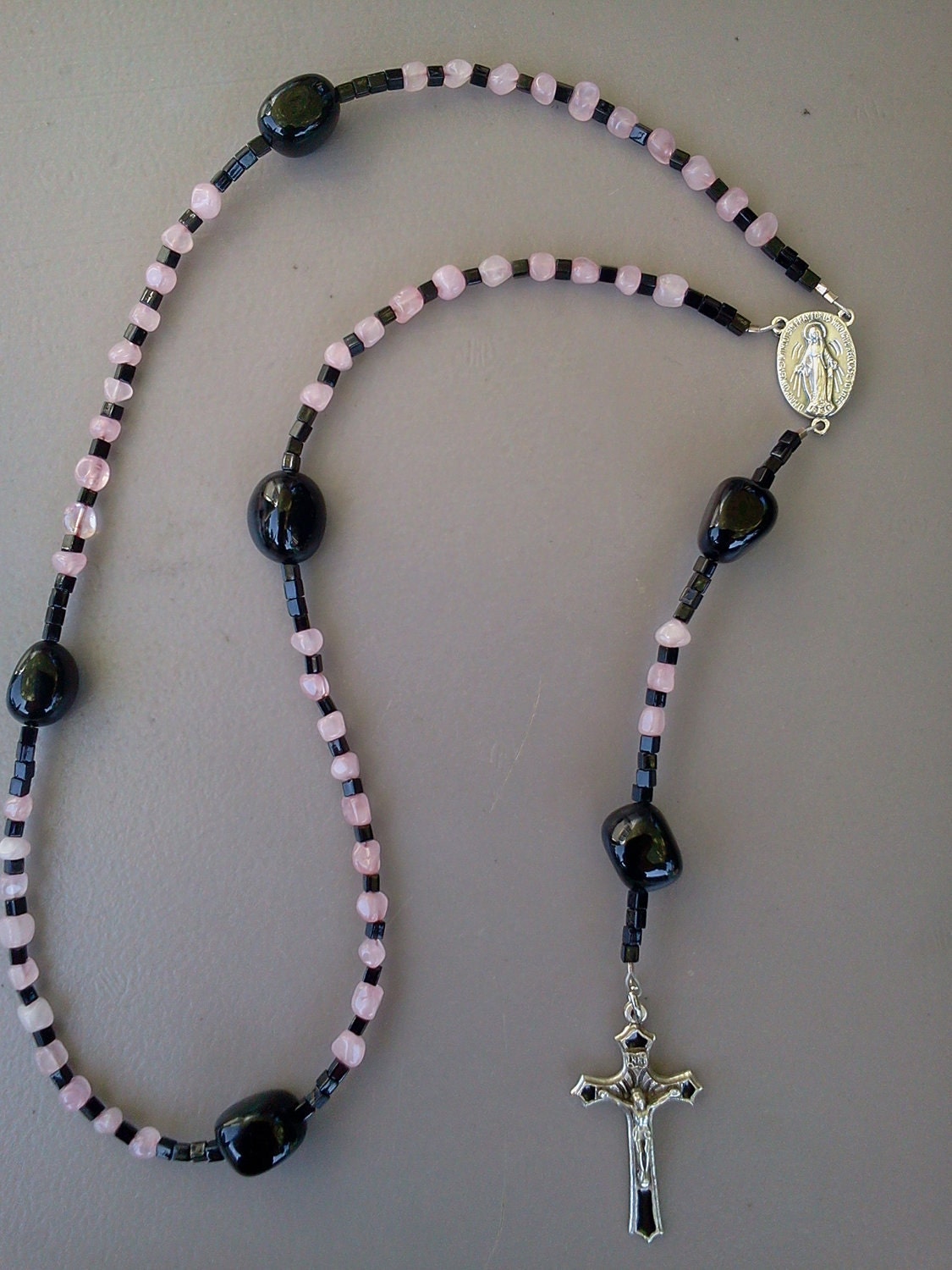 Handmade Rosary Black Onyx and Rose Quartz, Catholic Rosary, Pink and Black SRAJD