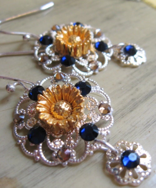 Silver Filigree Dangle Earrings with Vintage Golden Daisy Flowers and Midnight Blue Crystals