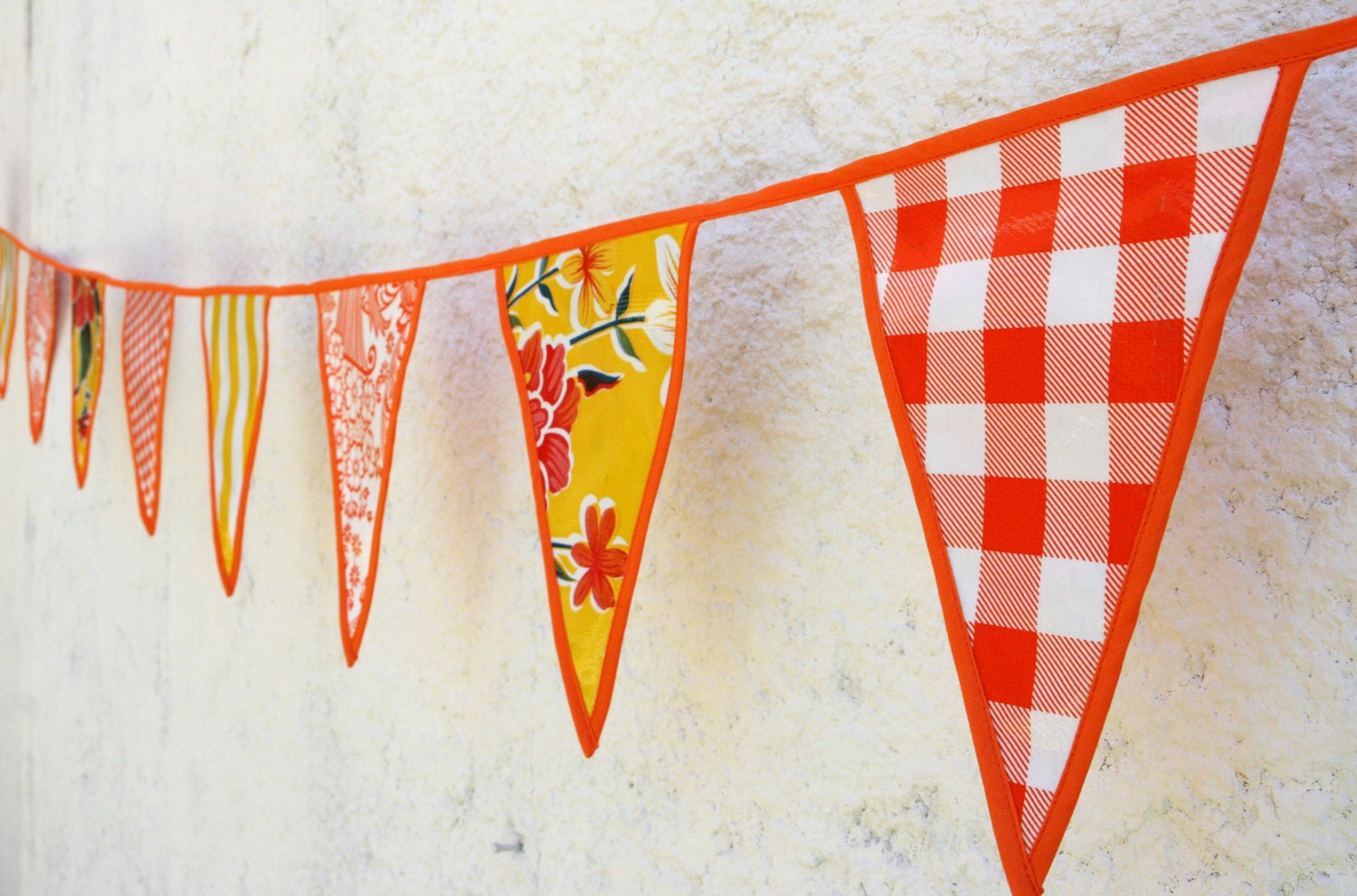 Yellow Orange  Bloom and Gingham Striped Pennant Party party   Check out our gorgeous trim work  Ready to Ship