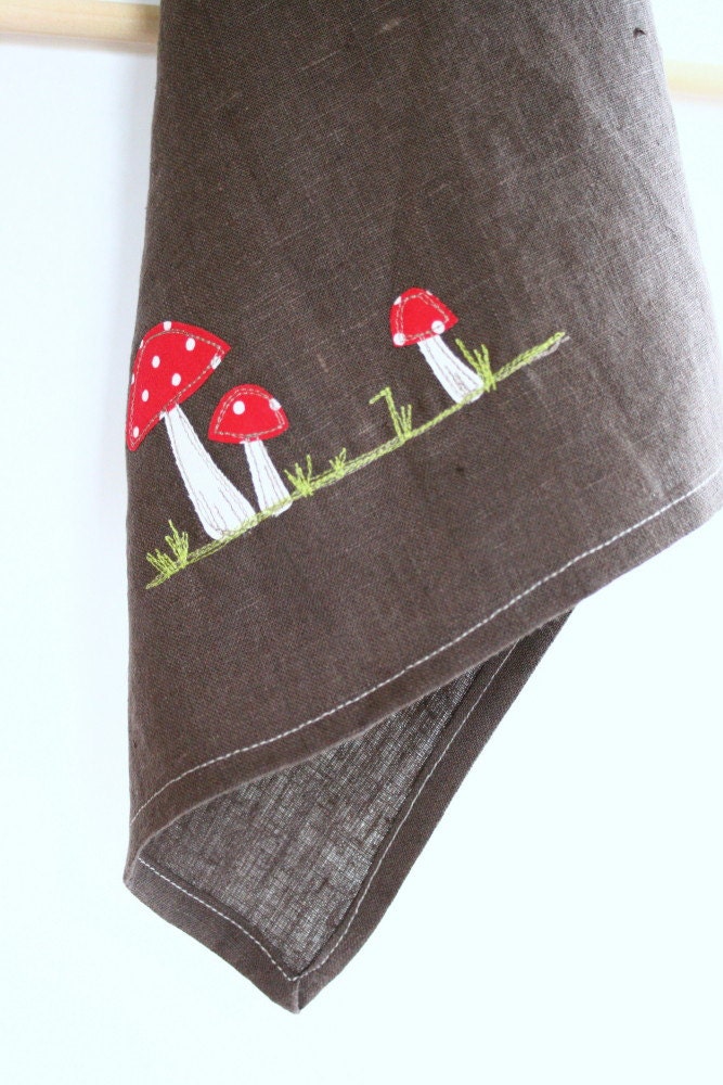 Linen Tea Towel, Hand Appliqued, Toadstool Mushroom on Chocolate Linen