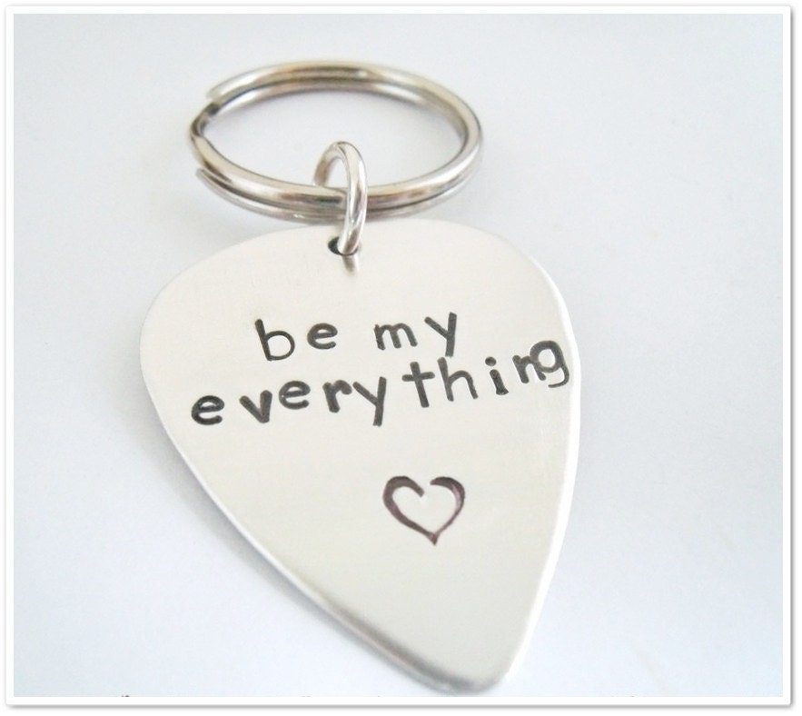 SALE -Guitar Pick/Guitar Plectrum Keychain with Round Split Ring - Personalized Hand Stamped Single Sided- Fathers Day - Gifts for Dad