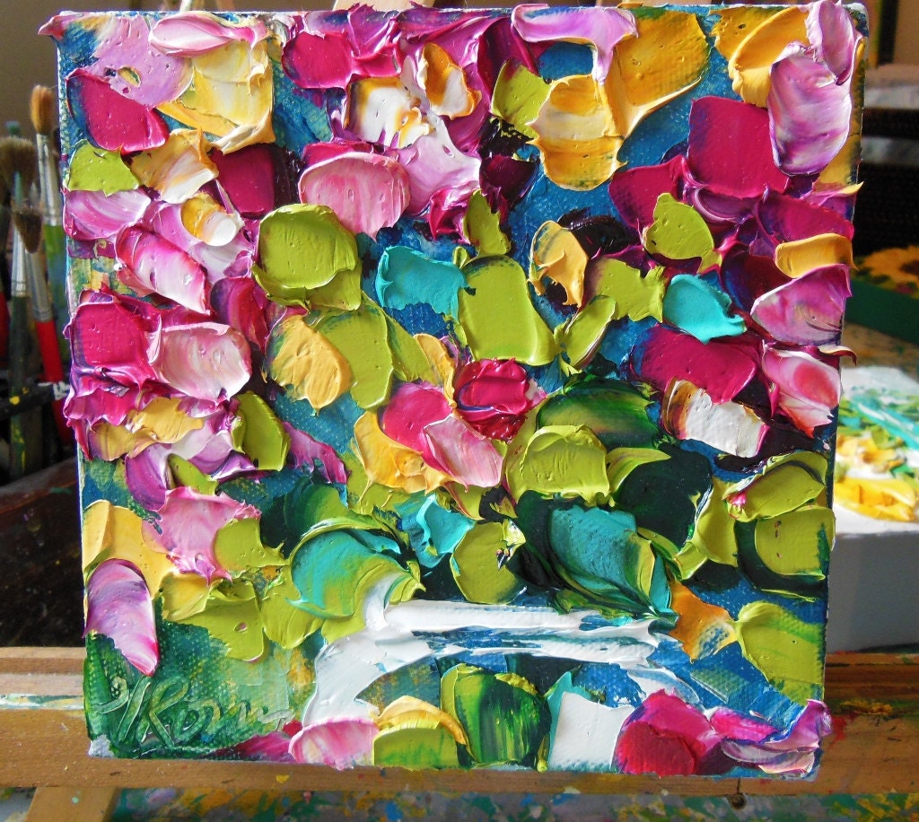 Original Oil Painting Magenta Lilacs Impasto Palette Knife Art