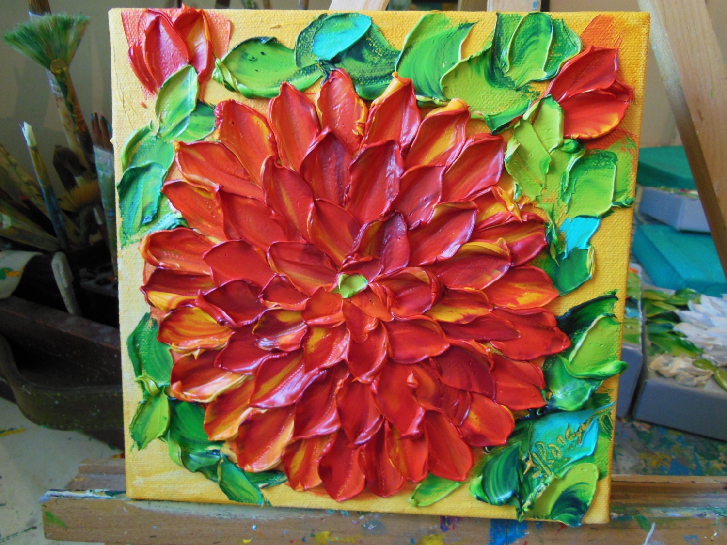 Oil Painting Red dahlias