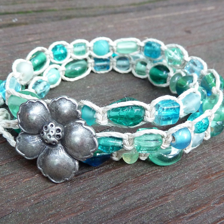 Aqua Bracelet - Hemp Wrap Bracelet, Teal Glass, Macrame Bracelet, Beach Theme