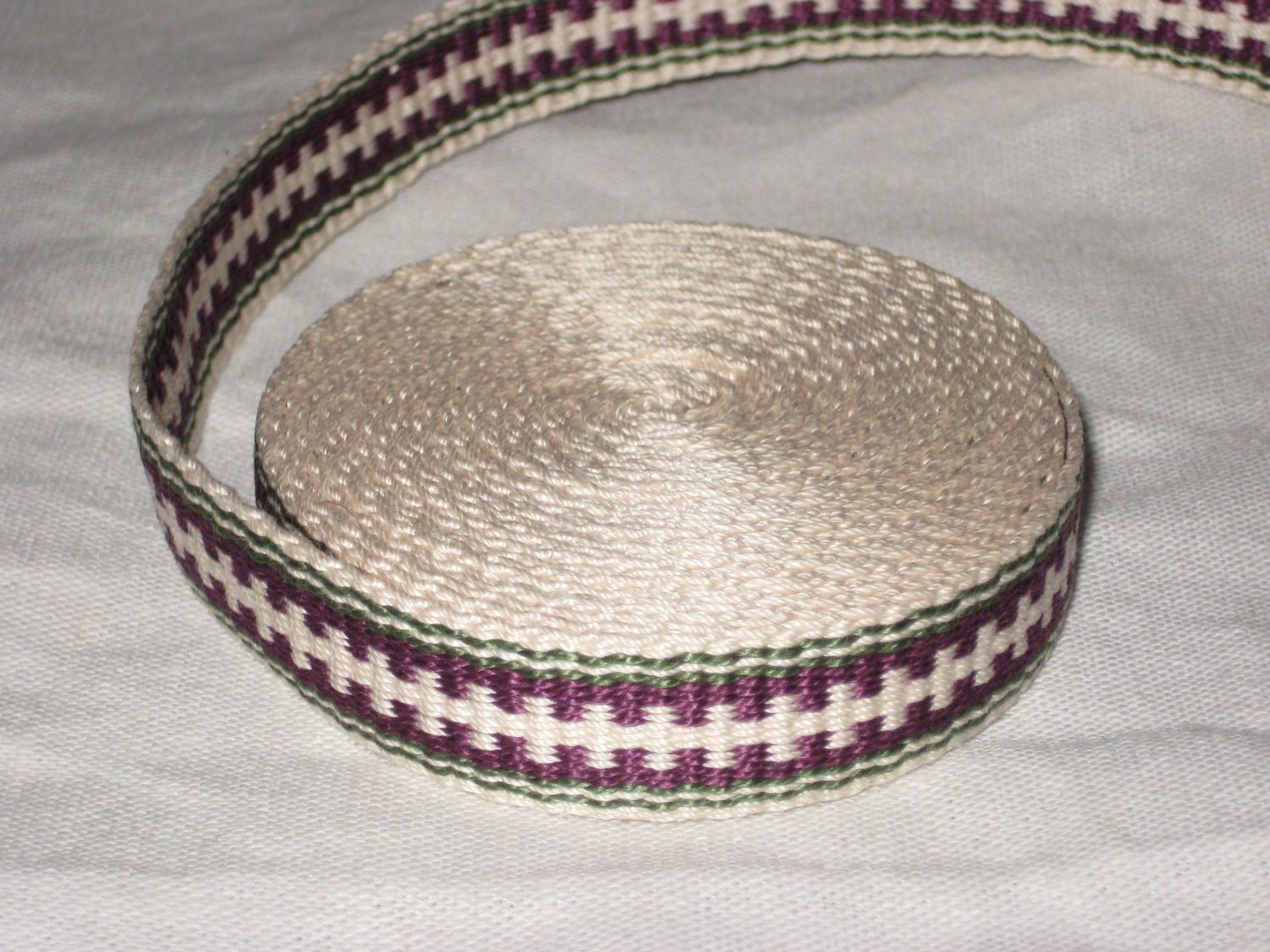 Cream, green, and purple hand-woven inkle trim (over 14 feet)