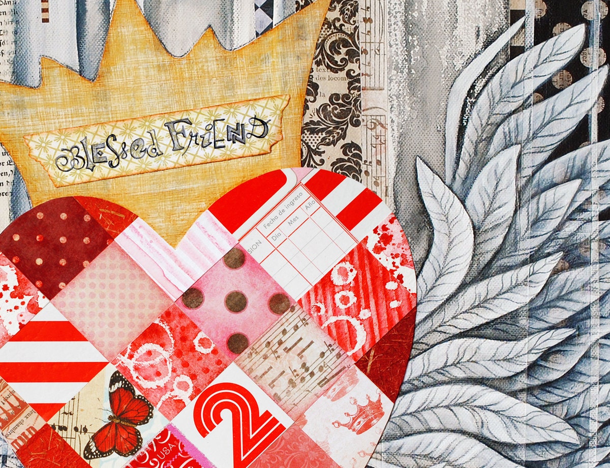 A Blessed Friend. Red Heart with Wings of Love and Friendship. Patchwork Heart Valentine.