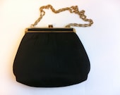 Vintage black HL purse.  Evening satin clutch bag.  Kiss lock closure.  Gold trim, gold chain & black satin lining.
