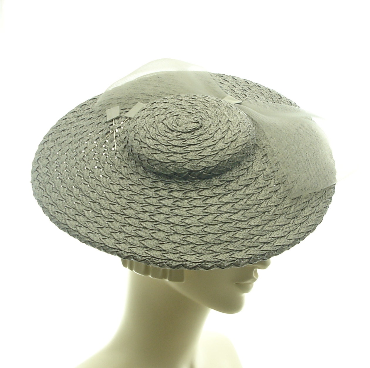 Straw Fancy Hat - Saucer Hat - Boater Hat for Women - Vintage Inspired Fashion - Gray Straw hat