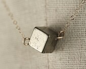 Small Geometric Pyrite and 14kt Gold Filled Necklace, Unique Pendant, Short Chain, Metallic Square Stone Block, One of a Kind Jewelry