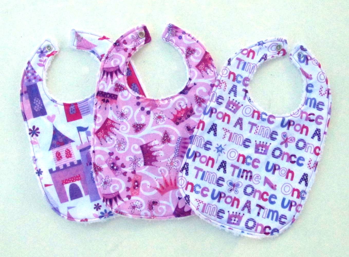 Girls Baby Bibs, Set of 3, Michael Miller Pink Princess Castles, Crown Jewels, Once Upon a Time with White Chenille Custom Baby Bibs