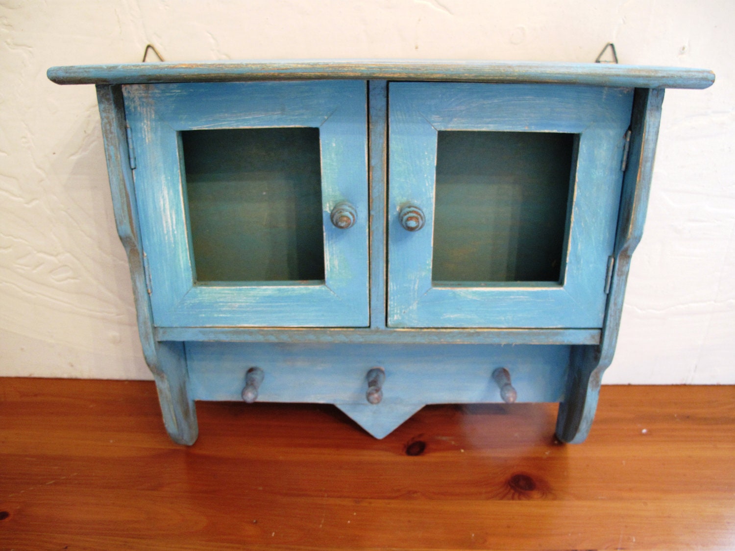 Handfinished Distressed Wood Cabinet ,Spice Cabinet or Display Cabinet with three pegs Gift, Handfinishd in Turquoise,