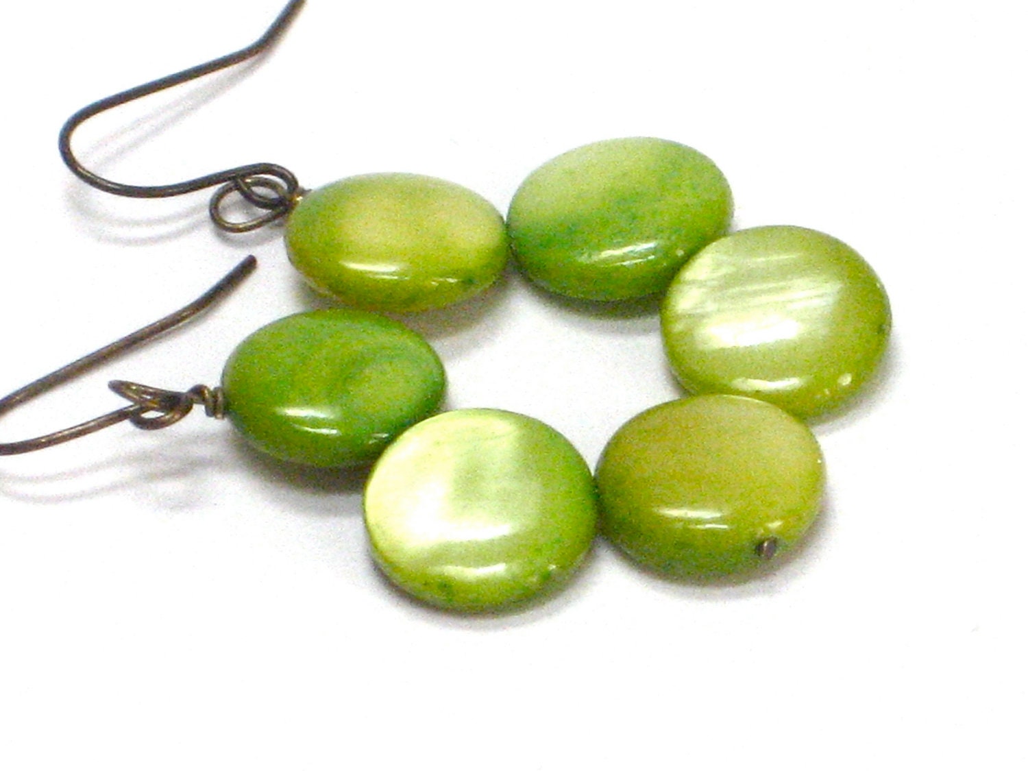 Green Earrings, Neon Lime Bright Green Apple Mother of Pearl Circles Antiqued Brass Dangles Fall Fashion Woodland