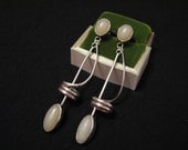 BIG Antique Modernist Sterling Silver and White Moonstone Swirled Musical Note Dangle Pierced Earrings