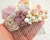 Bridal Hair Comb Fascinator in Blush Pink, Champagne and Ivory with Handmade Satin Flowers, Jewels, Crystals and Czech Pearls