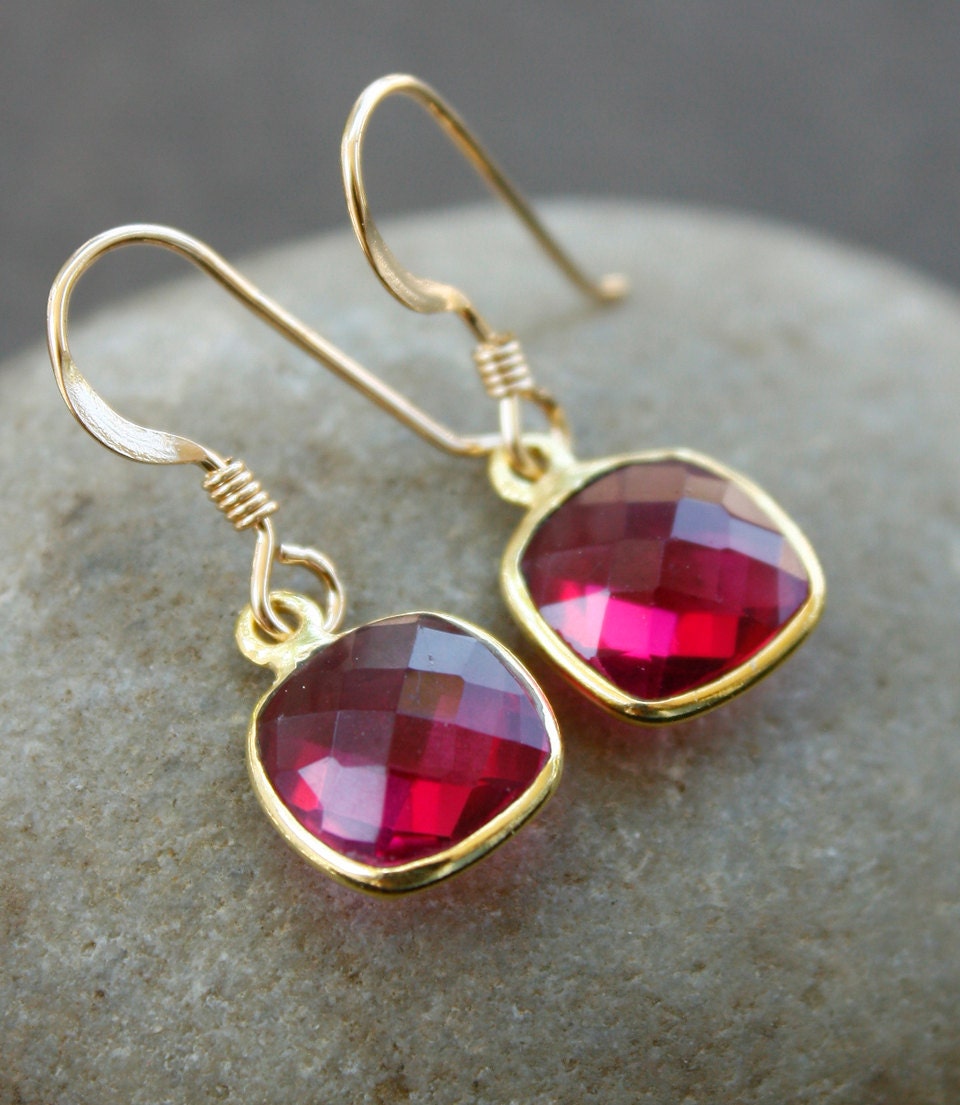 Red Ruby Quartz Earrings - 14KT Gold Fill - Cushion Cut, Square Drop Earrings
