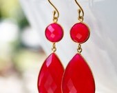 Gold Red Ruby Quartz Teardrop Earrings - Red Carpet Glam - Hollywood Style