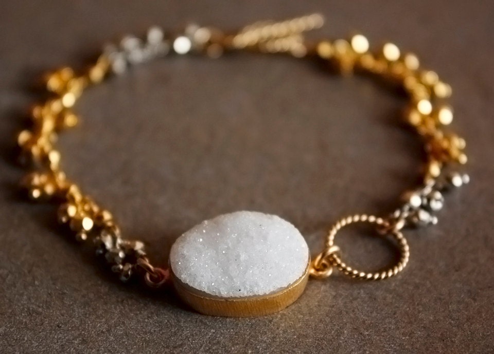 White Druzy and Silver, Gold Pyrite Toggle Bracelet - Metallic Sheen - Autumn Fashion