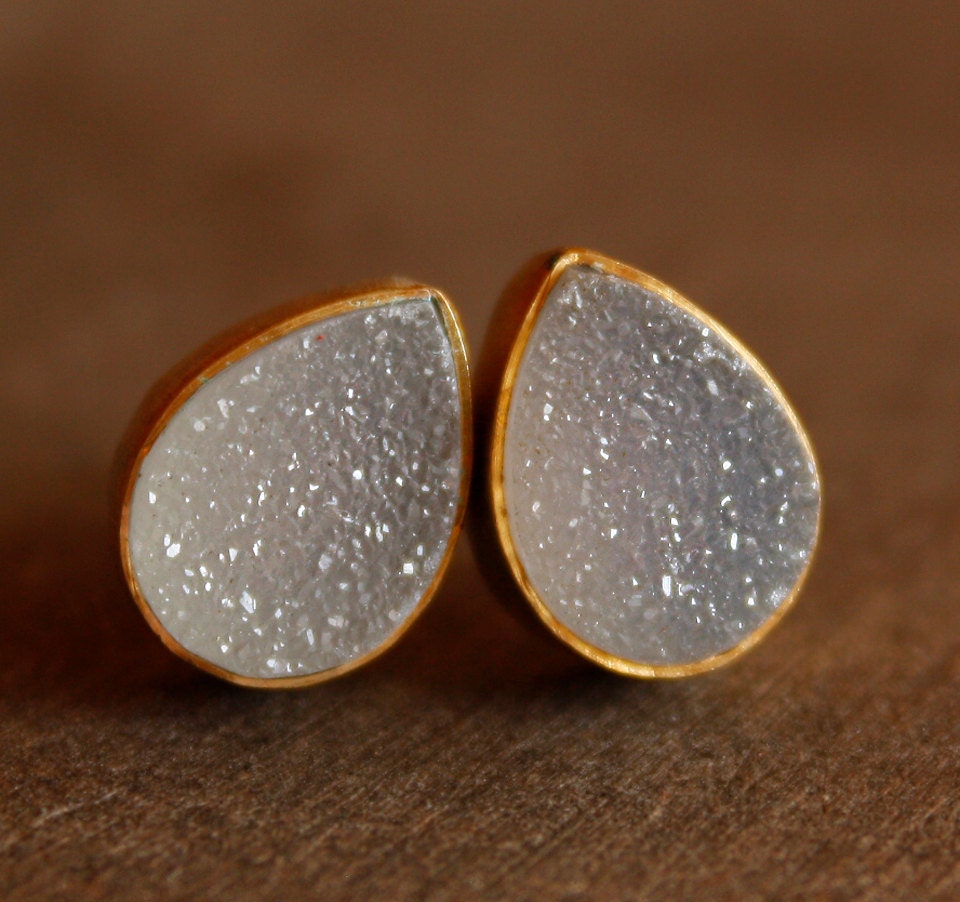 Gold Druzy Studs - Teardrop Post Earrings - Geode Studs, AAA Quality