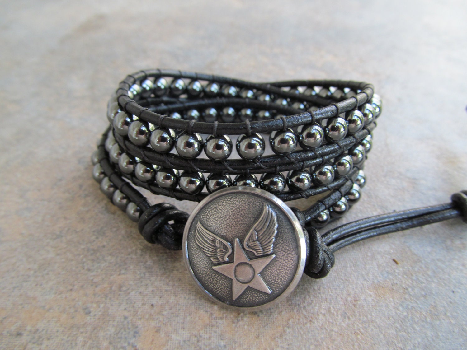 Night Rider Hematite  Beaded Black Leather Wrap Bracelet