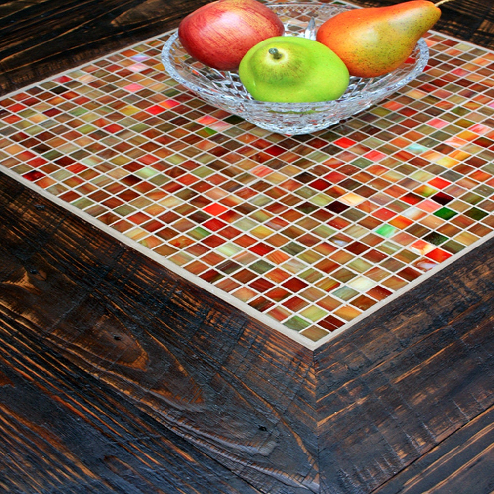 Square Coffee Table with Shelf, Tile Mosaic, Reclaimed Wood, Rustic Contemporary, "Stained Glass Medley", Dark Brown Wax Finish - Handmade