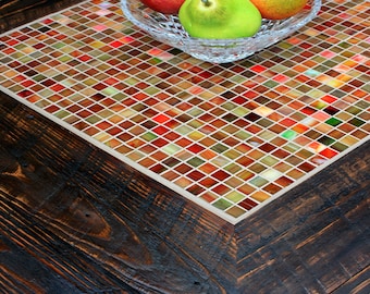 Square Coffee Table with Shelf, Tile Mosaic, Reclaimed Wood, Rustic Contemporary, "Stained Glass Medley", Dark Brown Wax Finish - Handmade