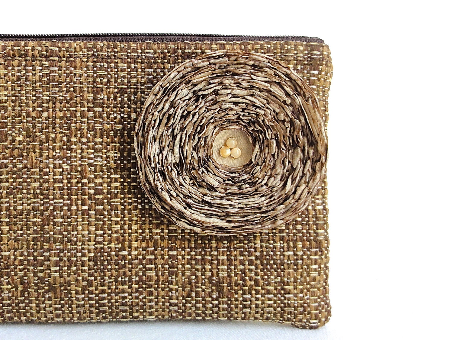 Rustic Brown Clutch Handbag with Khaki Fabric Flower