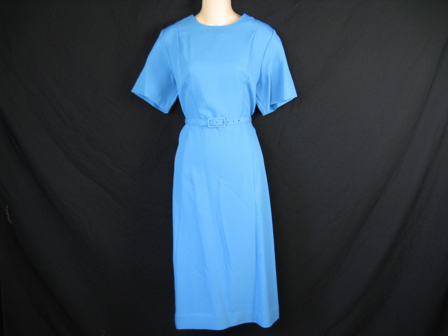 back in blue. 1970's classic blue dress / white edged jacket. large. new old stock.