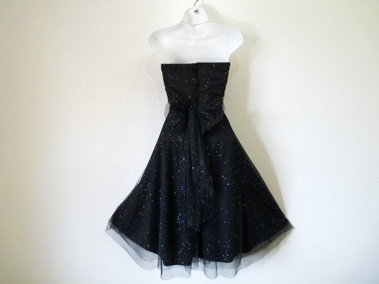 SALE Vintage 80s  Black Tulle Dress Strapless Sweetheart Sparkle Cocktail Party Dress Ruby Rox Pin-up Party Cocktail Dress S