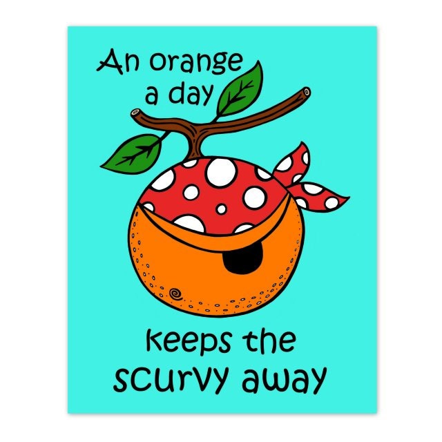 BOGO SALE - Pirate Orange Hanging from a Tree Branch with Green Leaves 8 x 10 Kids Art Print - Scurvy - Playroom decor, Dorm Decor