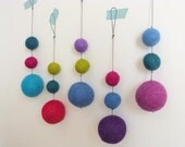 Jewel Color Drop ornaments  --  Five delightful ornaments with 3 felt balls each - red blues purples pink teal chartreuse