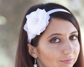 White Silk Flower Headband or Sash with Pearls a.