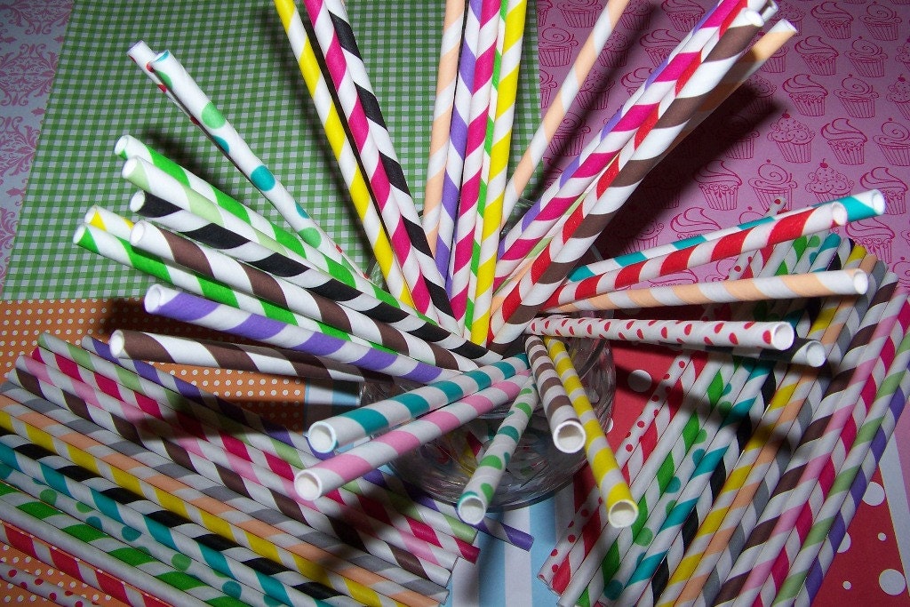 Paper Straws In All My Colors You receive 51 Paper Striped Straws 3 of each 17 colors-"Free Custom Straw Flag Toppers Included"