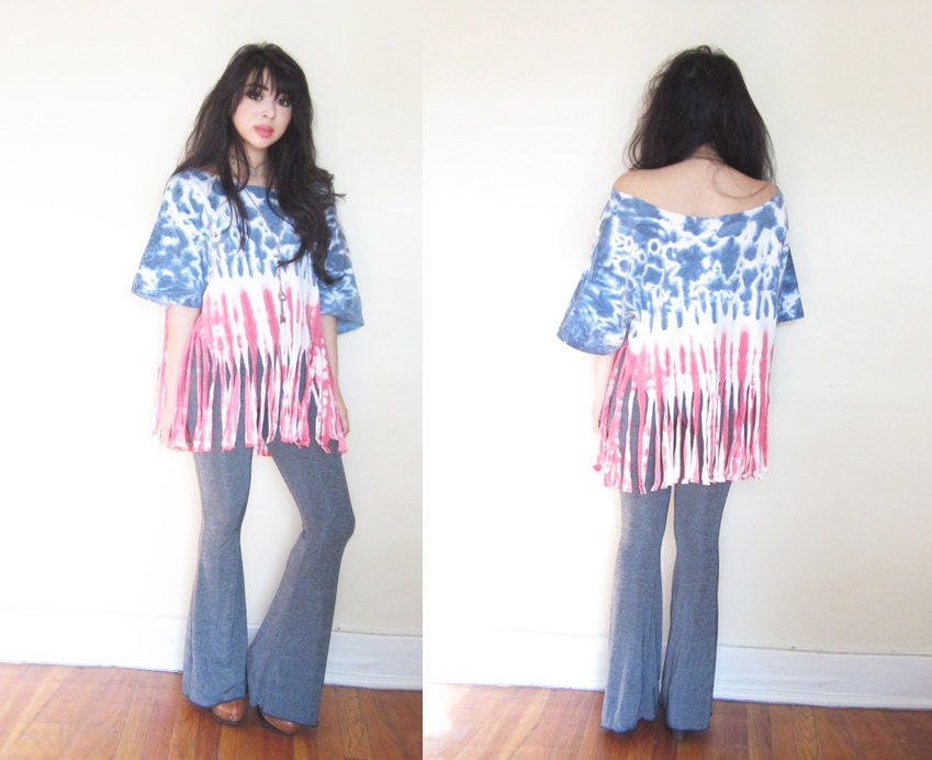 American Flag Tie Dye Fringe Cut Off Off The Shoulder Crop Top XS S M L