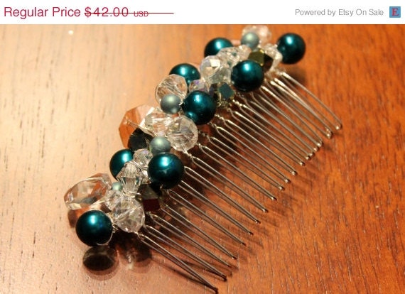 ON SALE hair accessories, Crystal Beaded Bridal Comb, swarovski crystals, Teal beaded comb, Bride, Bridal Party, beaded hand wrapped comb
