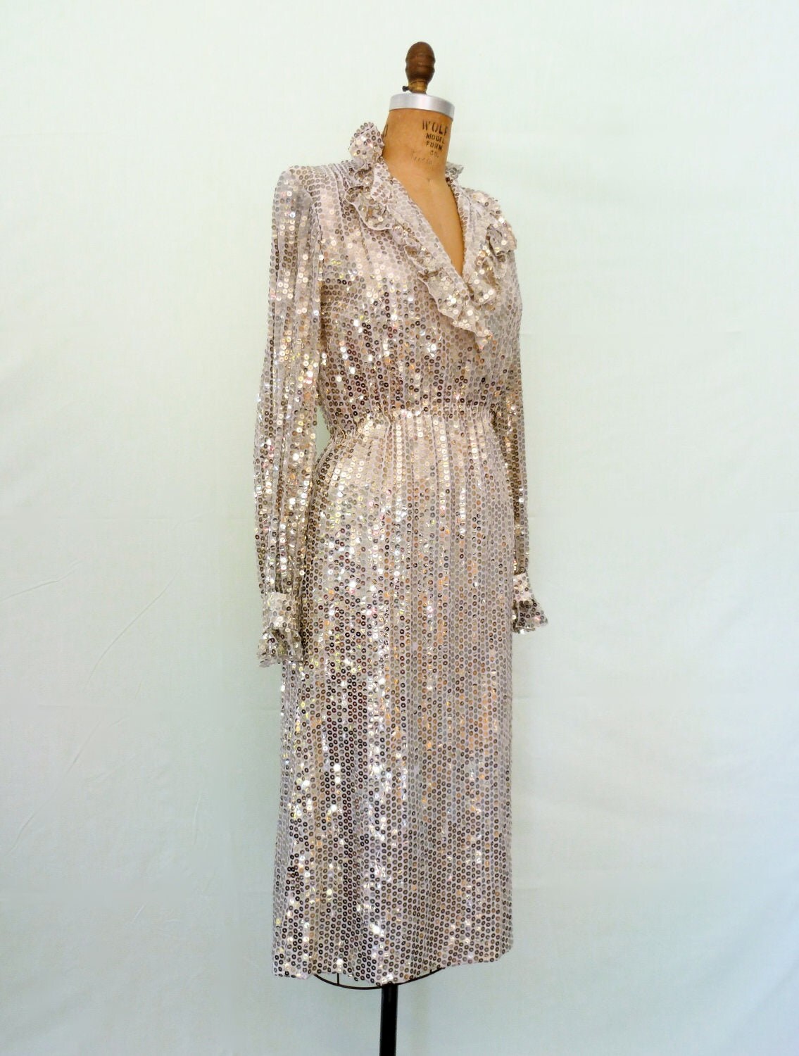 1970s Silver Sequin Disco Dress Vintage 70s Glam Ruffle Dress Richilene S/M