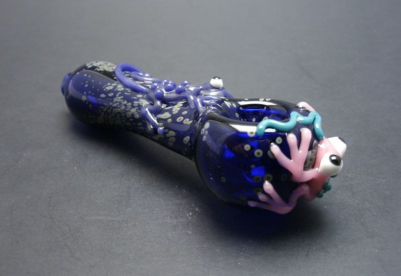 Pink Frog and Purple Lizard on Cobalt Glass Pipe