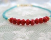Red czech beads and turquoise seed beads beacelet. Friendship bracelet. Layering bracelet. Unique dainty bracelet.