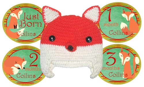 Crochet Fox Hat and Personalized Monthly Onesie Sticker Set (Fox)-Includes Newborn, Large 12 Month, and Bonus Stickers- Baby Month Stickers