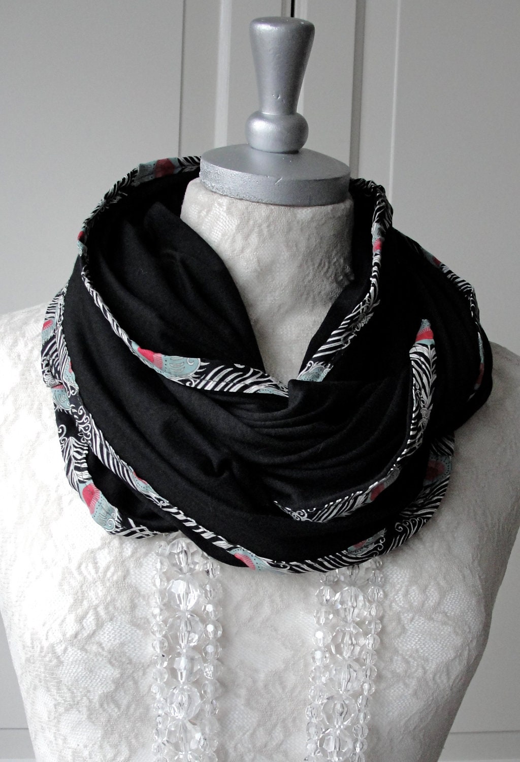 Large INFINITY Scarf edged in Liberty of London peacock print fabric by FAIRYTALE13.