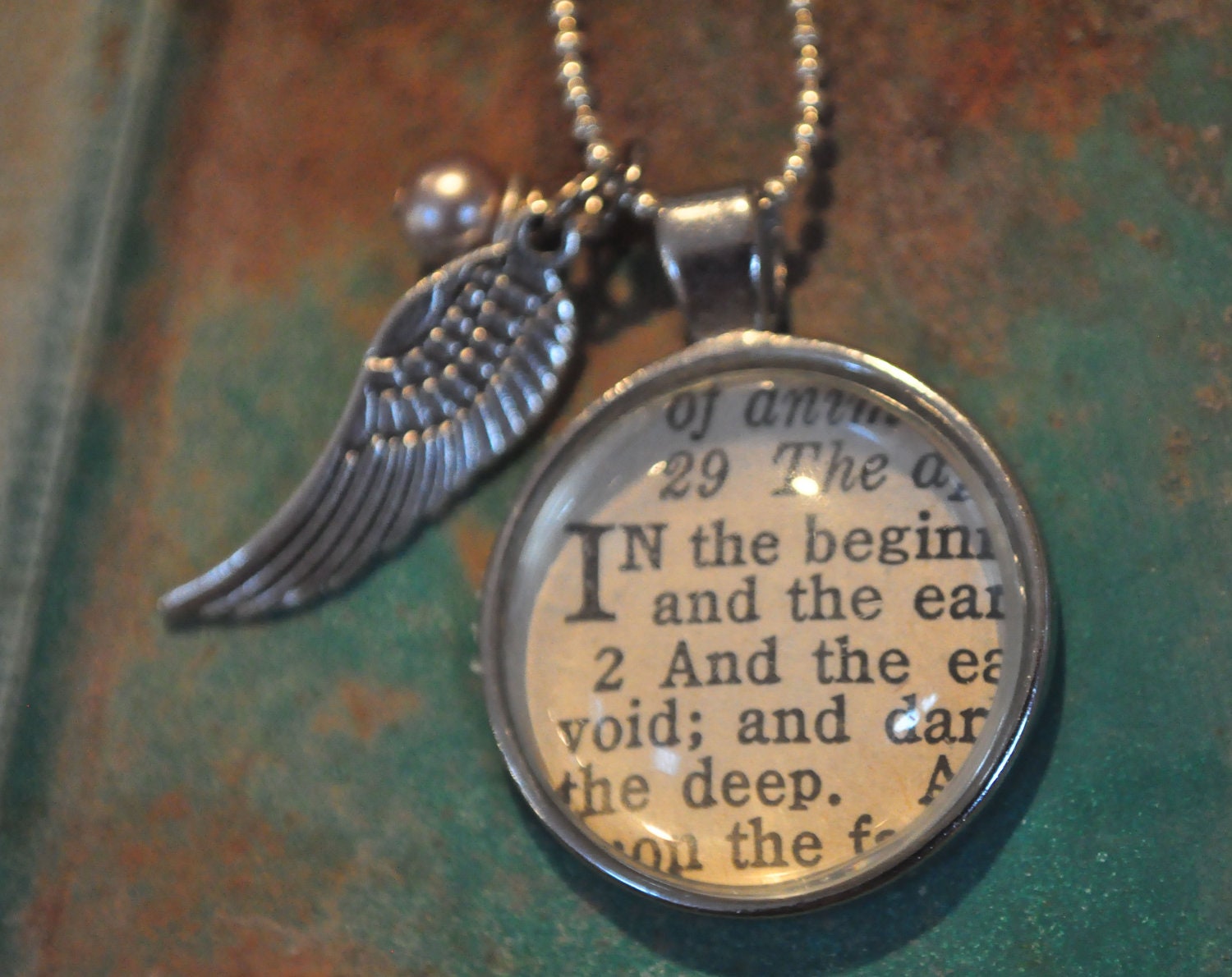 Vintage Bible Verse Pendant Necklace Genesis 1 1