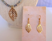 Beaded Sage Green and Gold Falling Leaf Necklace, Matching Earrings, Necklace Set, Dangle Earrings