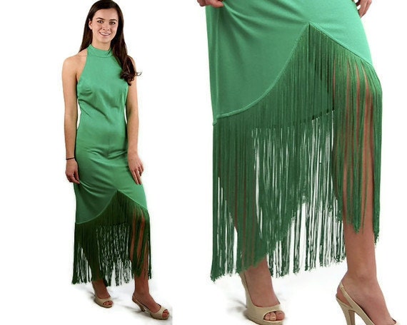 1970s fringed dress, Lilli Diamond gown, emerald green formal gown, red carpet dress, dress with shawl, rocker dress, size M