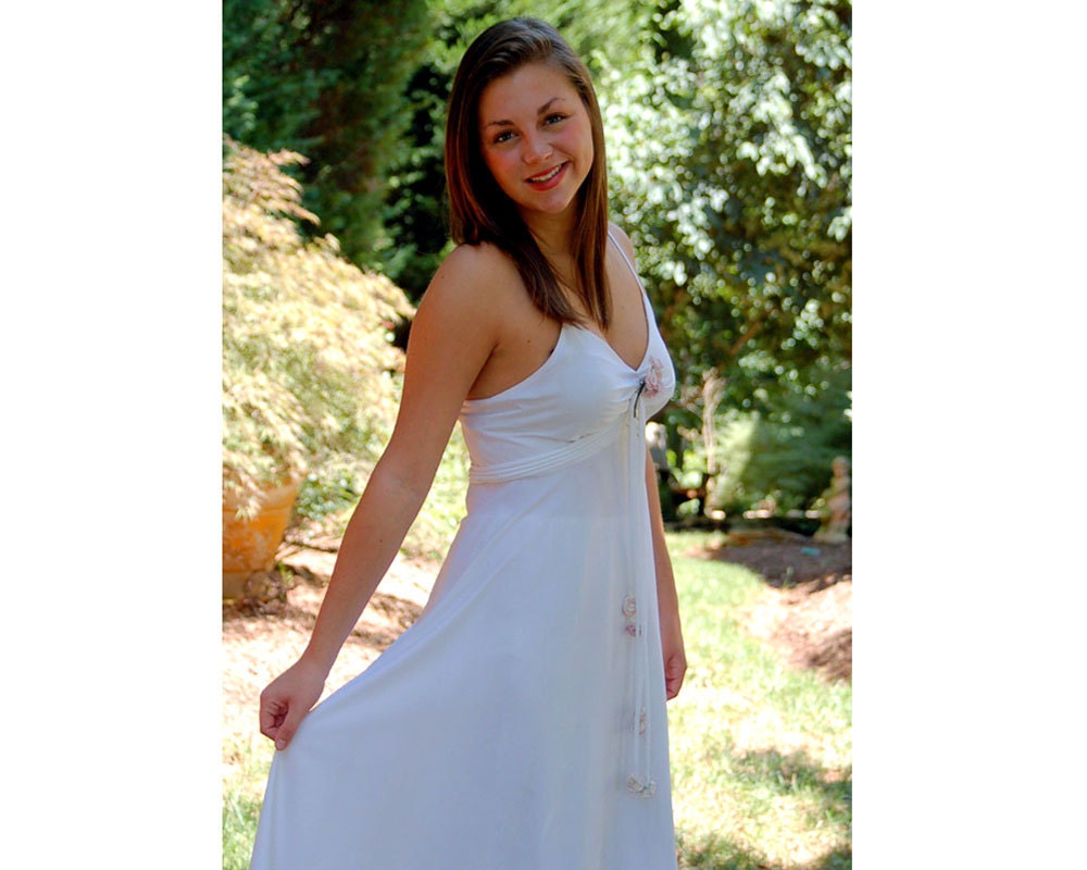 1970s white sundress, slip dress, wedding dress, pink roses, Size M, New Old Stock NOS