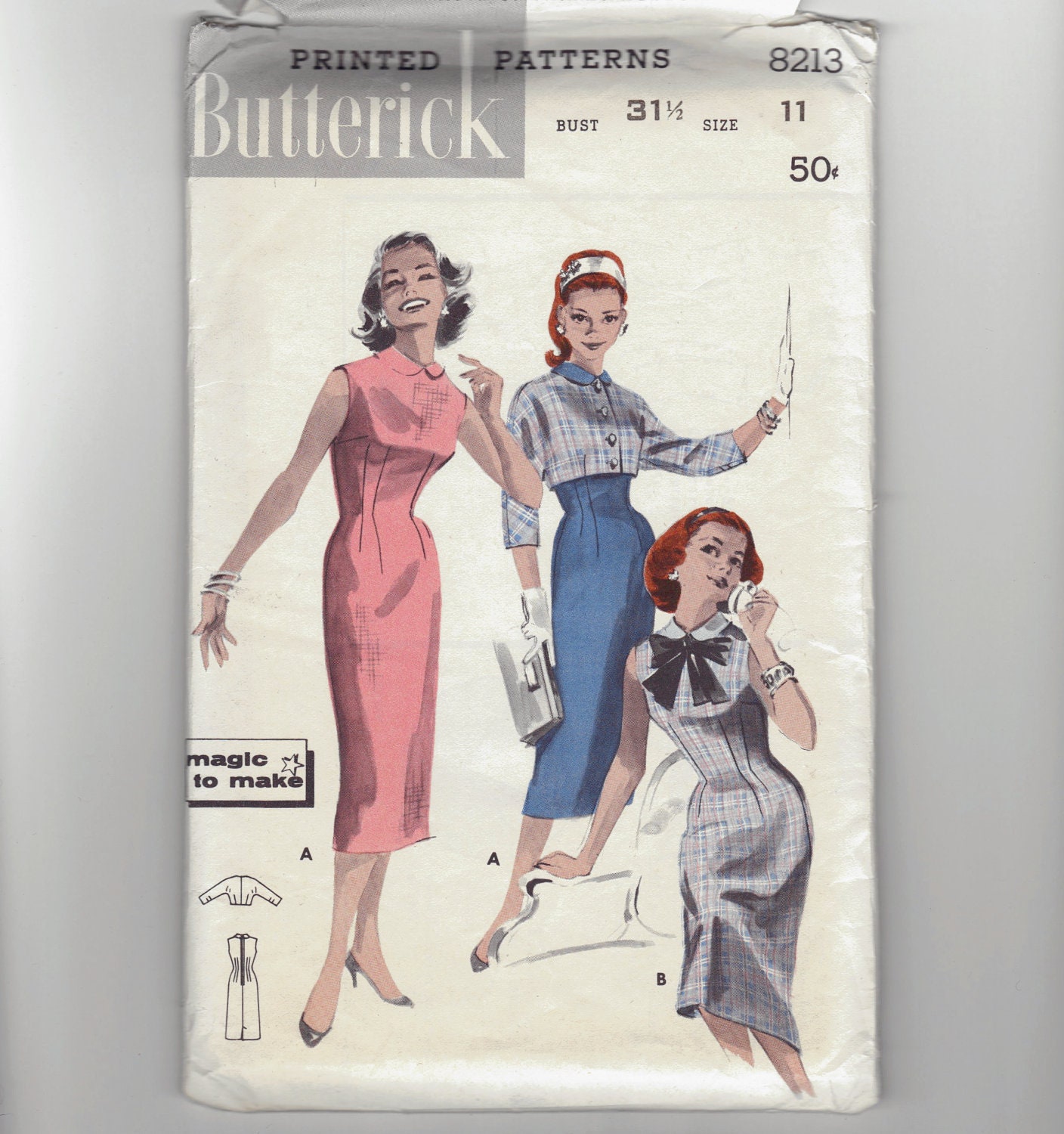 Vintage 50's Sheath Dress and Jacket sewing pattern. Butterick. Size 11. No. 8213.