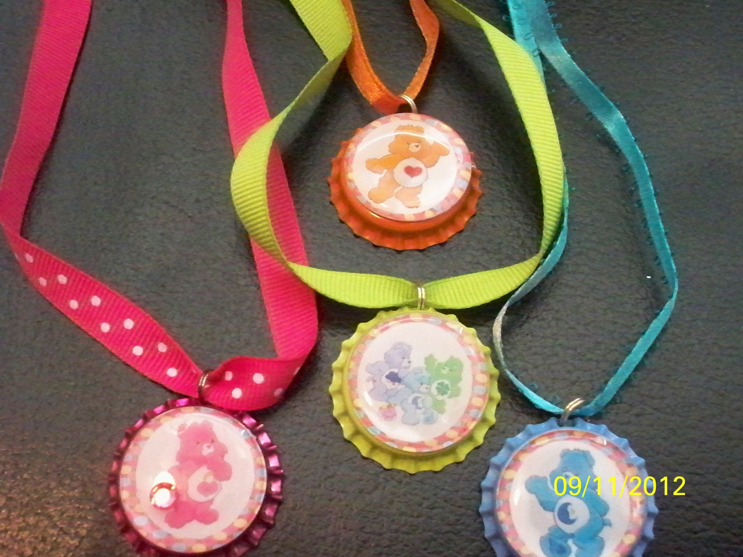 12 Custom Listing for Eden Carebear Bottlecap Ribbon Necklaces Bright Assorted Colors Party Favors