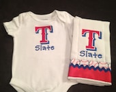 Personalized Texas Rangers Embroidered Onesie and Burp Cloth