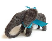 Elephant Needle Felted Wool Miniature Gray Elephant with Aqua Ribbon Handmade